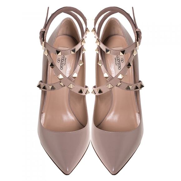 Valentino Beige Leather Rockstud Ankle Wrap Pointed Toe Pumps Size 38 US 8 - Picture 7 of 11